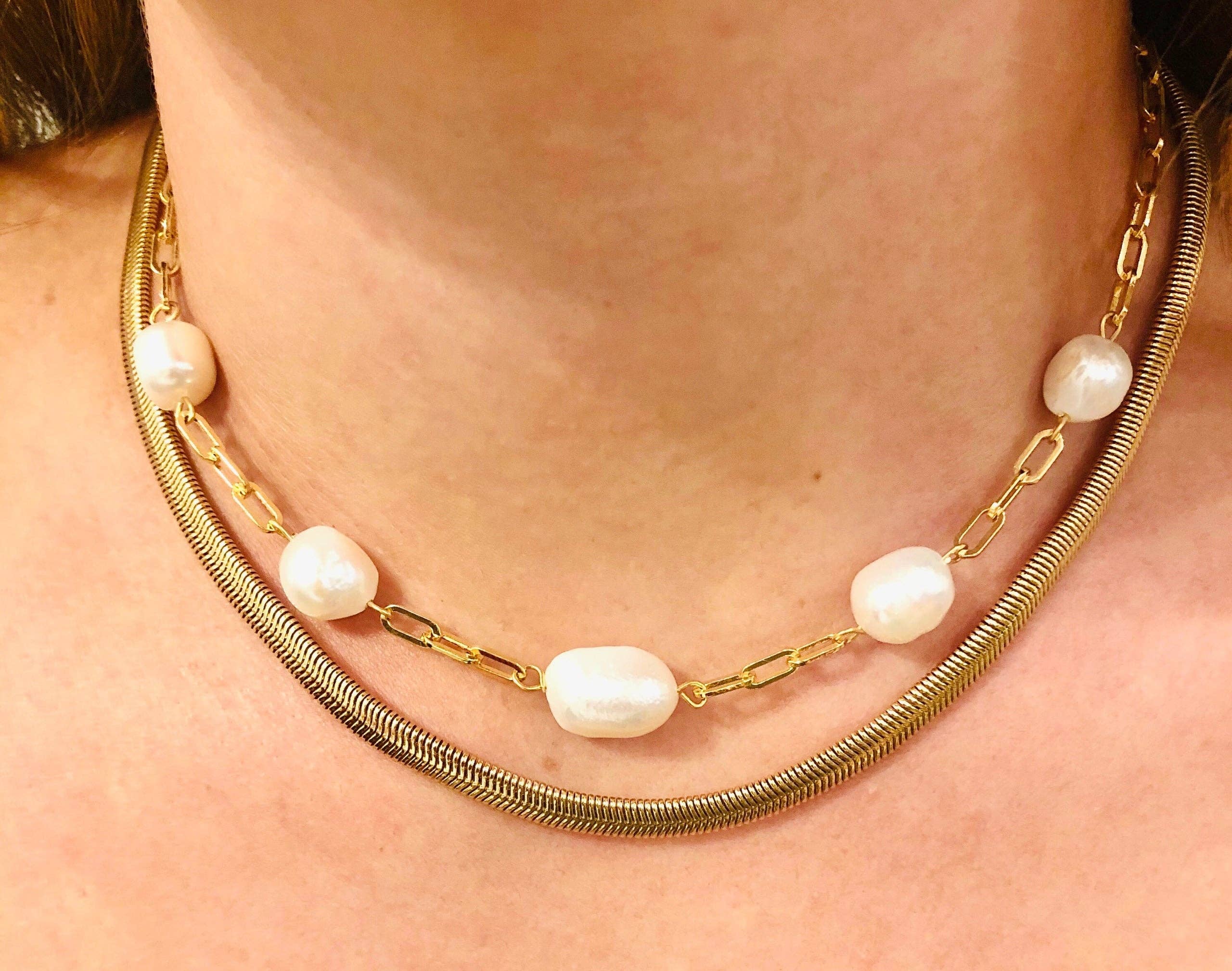 #1062-Potato Pearl and Chain Link Necklace - Image 3