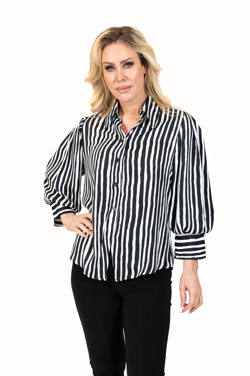Striped Button-Down Blouse with Puff Sleeves - Black/White