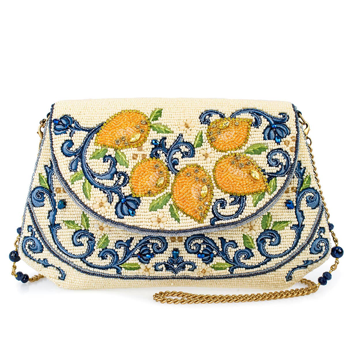 Capri Lemons  Yellow and Blue Beaded Crossbody Handbag