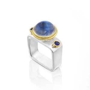 Moonstone and Sapphire Square Ring - 10mm