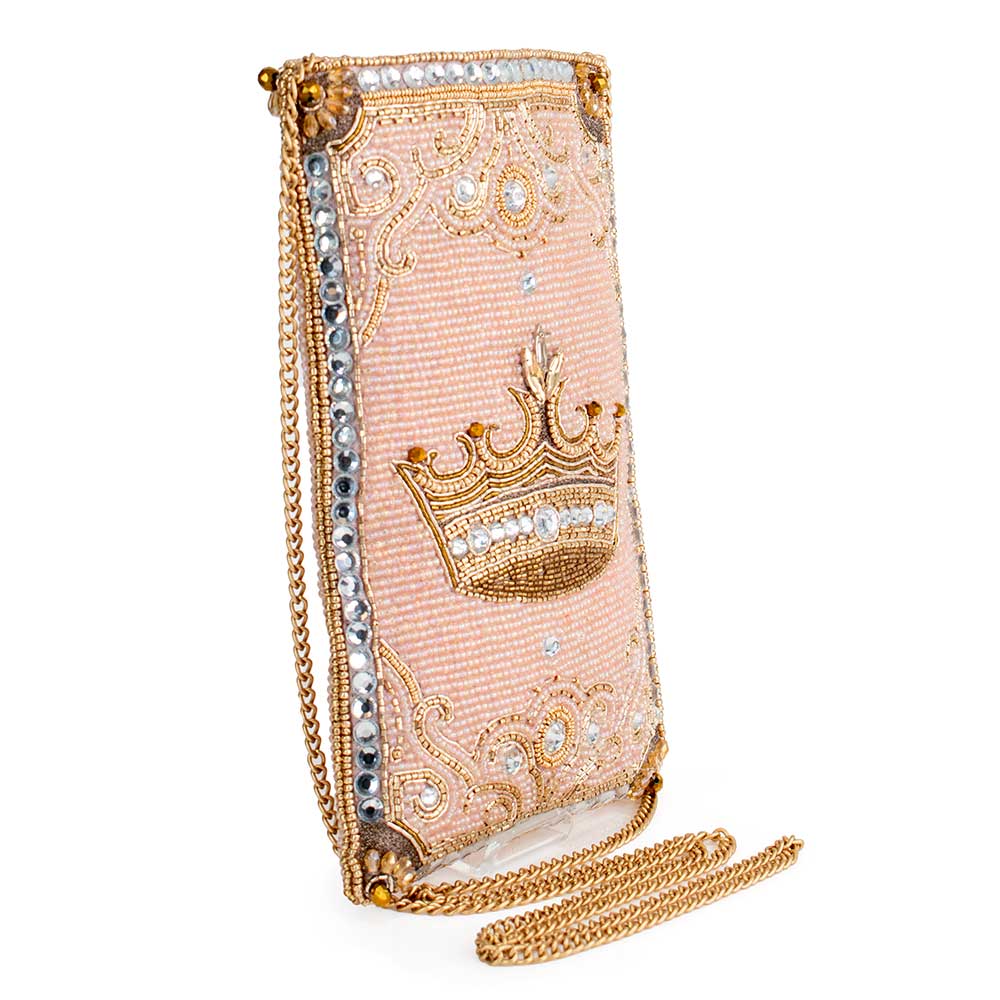 Crowned Jewel Beaded Pink and Gold Crown Crossbody Phone Bag - Image 3