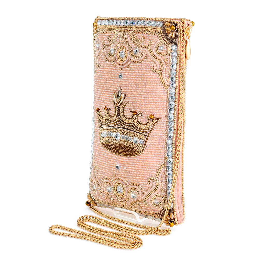 Crowned Jewel Beaded Pink and Gold Crown Crossbody Phone Bag - Image 4
