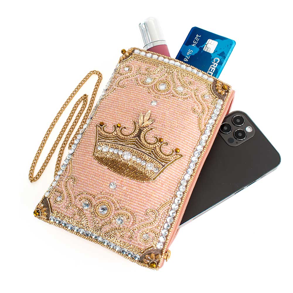 Crowned Jewel Beaded Pink and Gold Crown Crossbody Phone Bag - Image 7