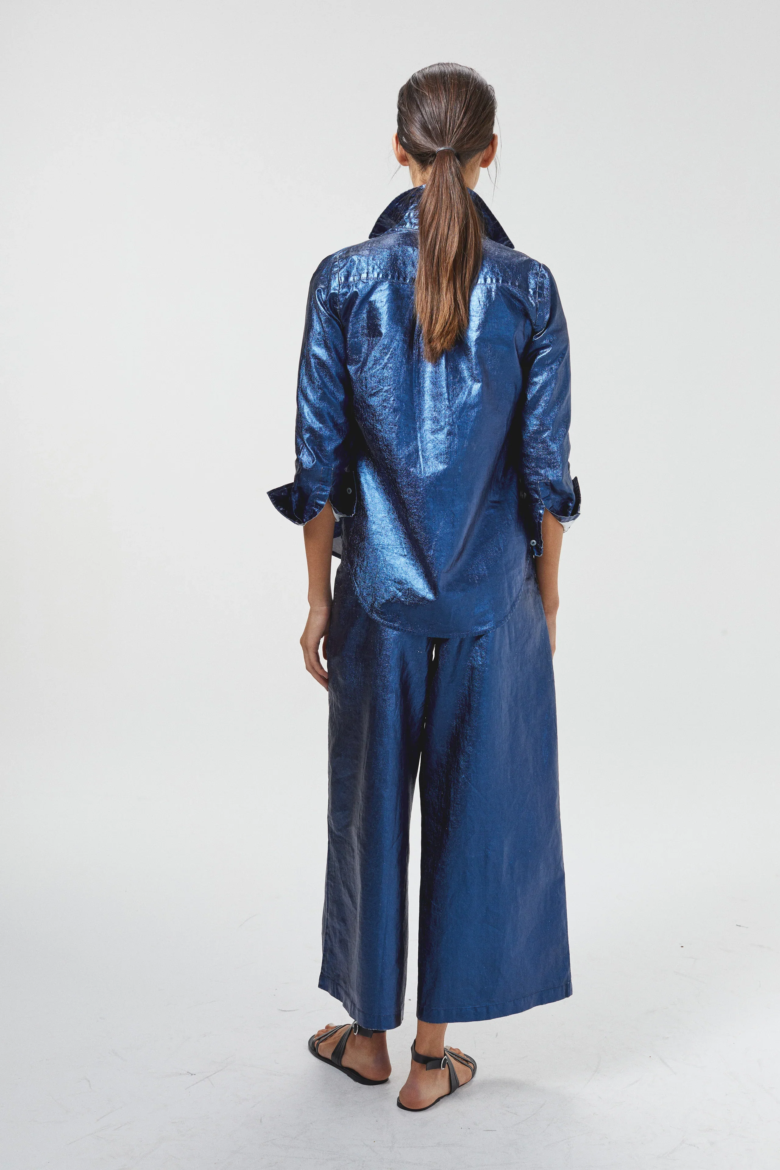 Culotte Metallic Linen Pants - Navy - Image 3