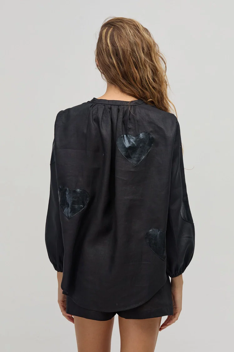 Cupid Linen Shirt- Black with Black Hearts - Image 3