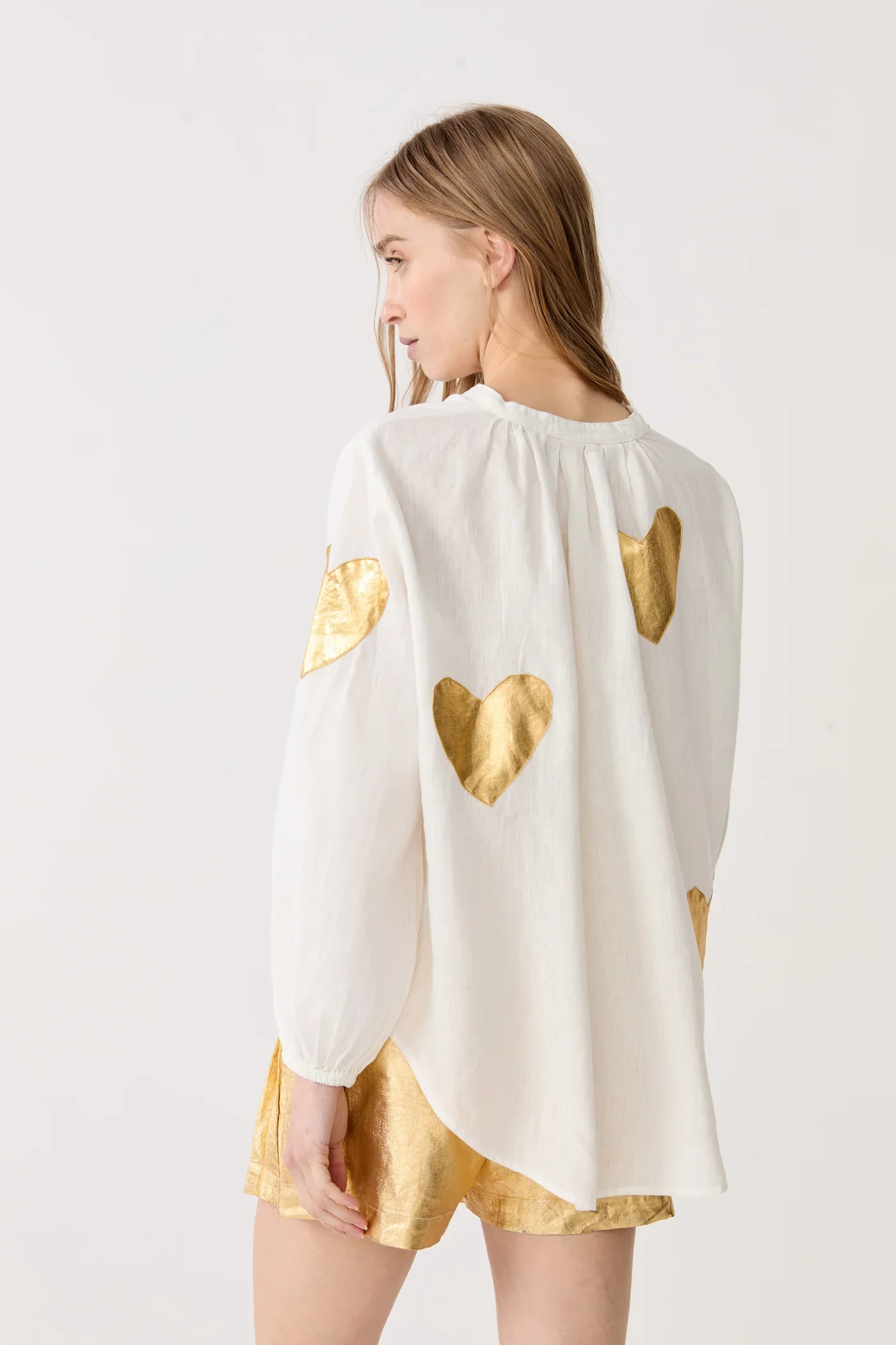 Cupid Linen Shirt- White w/ Gold Hearts - Image 2