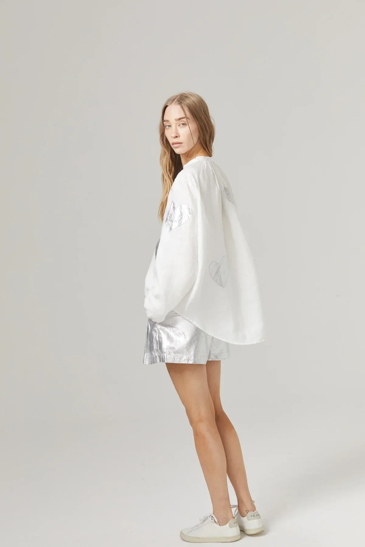 Cupid Linen Shirt- White w/ Silver Hearts - Image 3