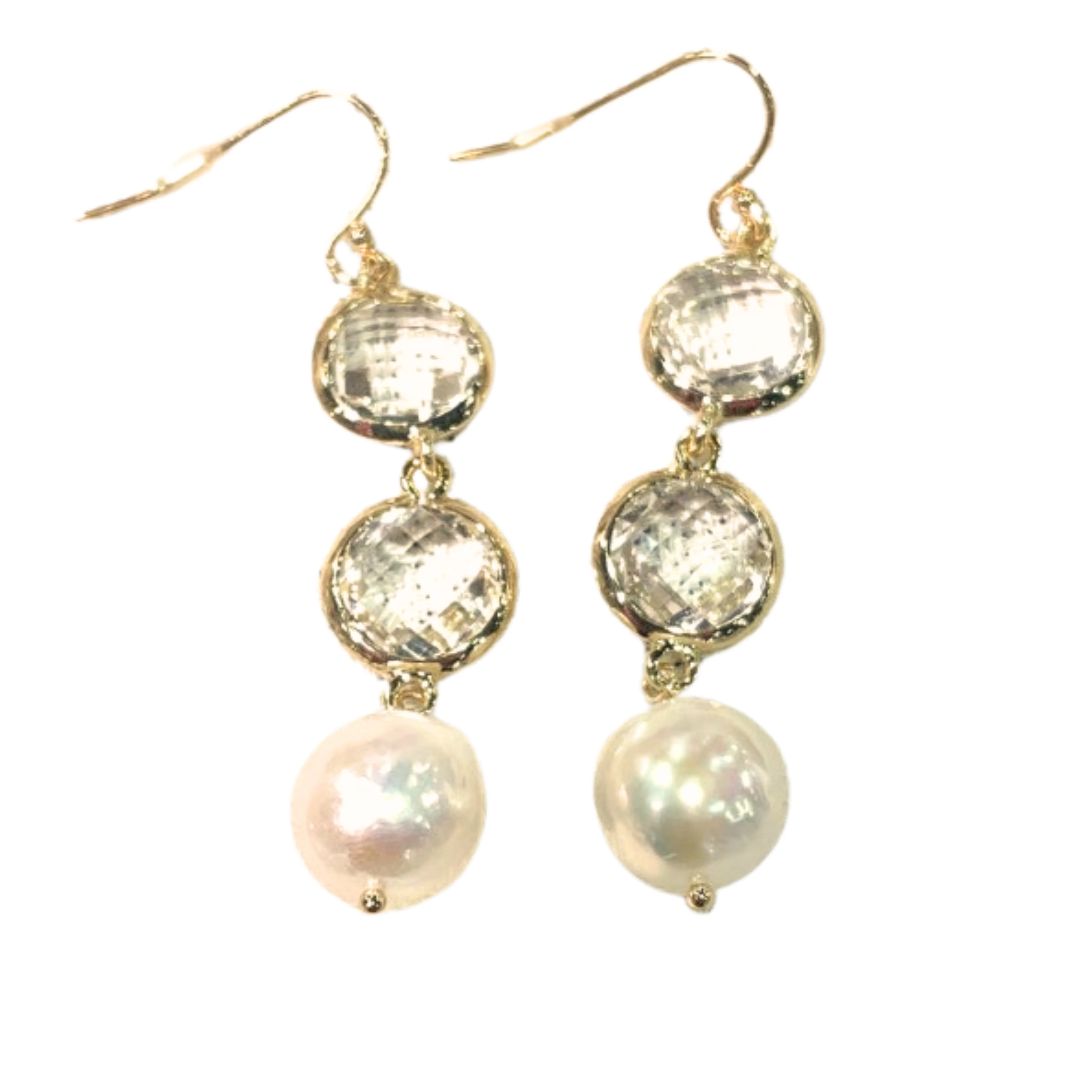 Double Round Crystal with Baroque Drop Earring In Gold