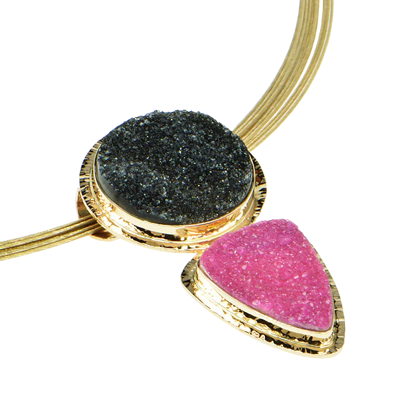Drusy Cobalt Calcium and Black Drusy Quartz Cabochon Pendant