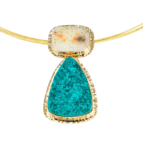 Drusy Dioptase and Speckled White Drusy Quartz Cabochon Pendant