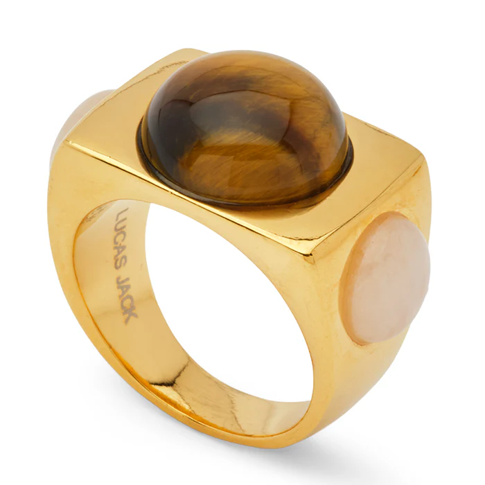 Gold Block Ring with Tigers Eye and Moonstone