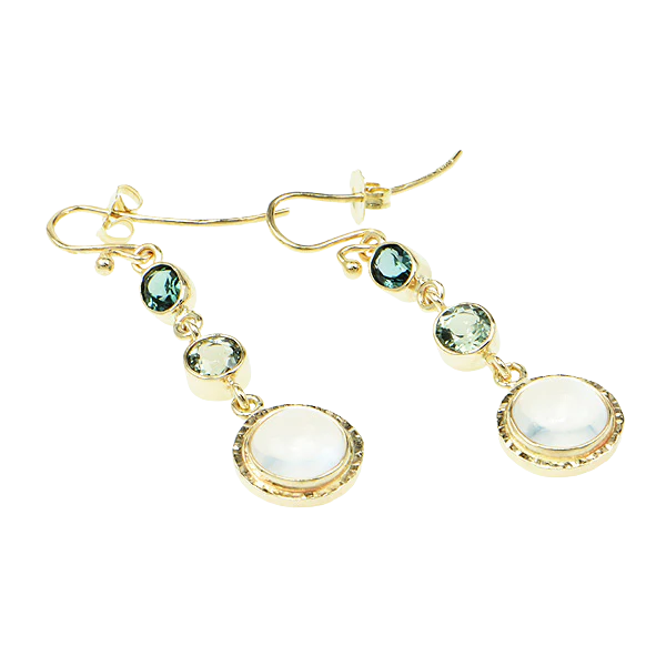 Green Tourmaline Faceted and Ceylon Moonstone Cabochon Earrings - Image 2