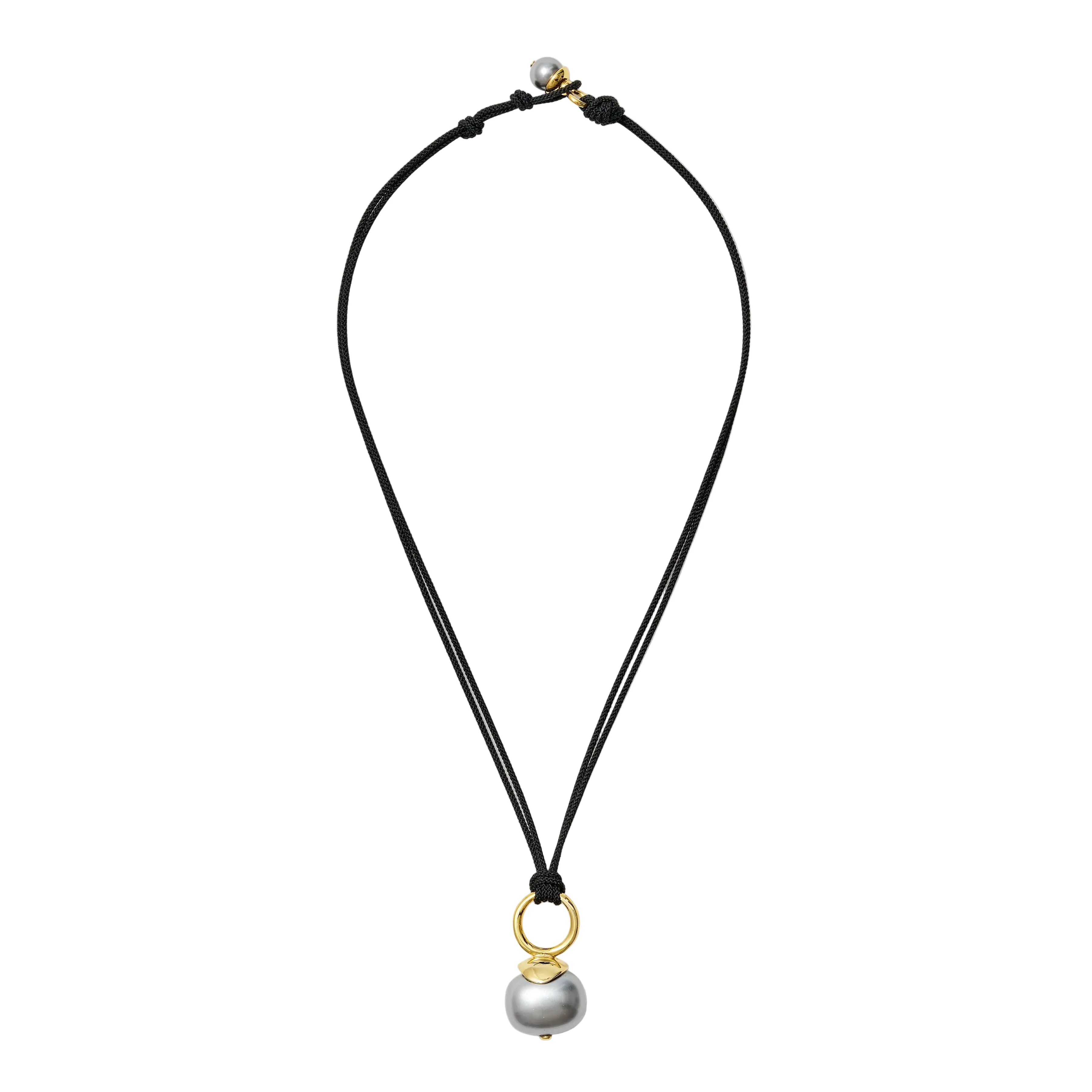 Grey Pebble Pearl Cord Necklace - Gold w/ Black Cord