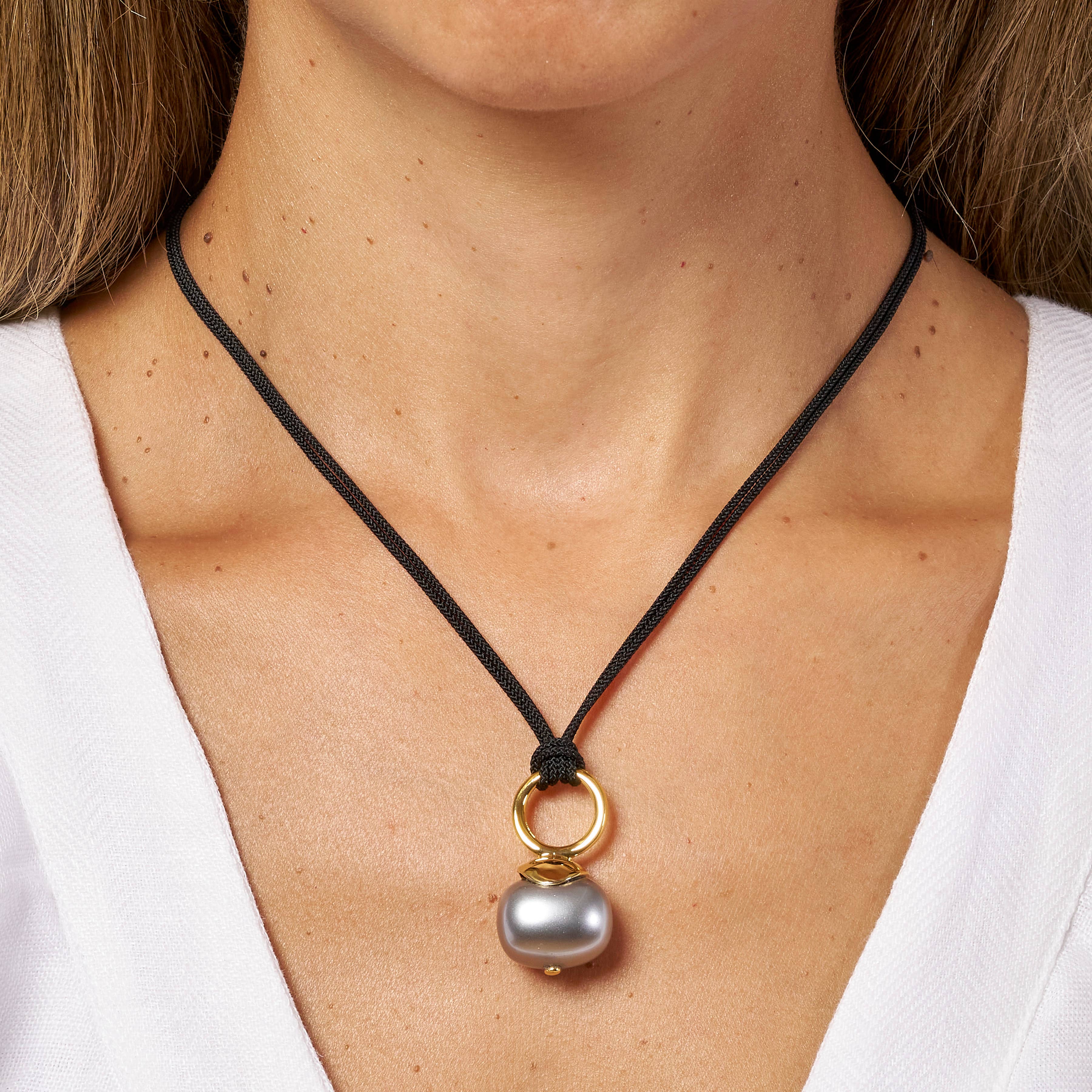 Grey Pebble Pearl Cord Necklace - Gold w/ Black Cord - Image 2