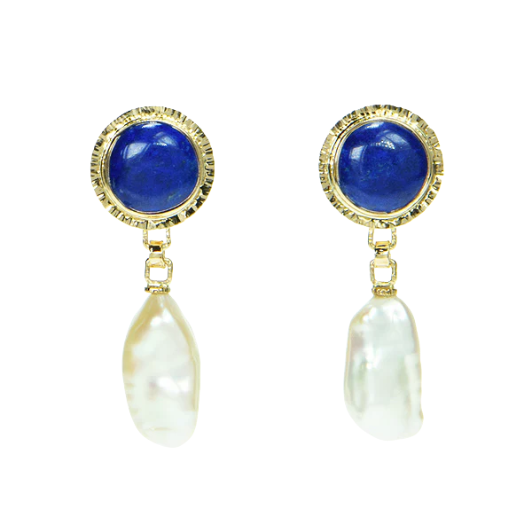 Lapis Cabochon and Freshwater Pearl Earrings
