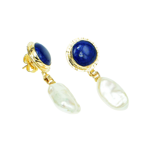 Lapis Cabochon and Freshwater Pearl Earrings - Image 2