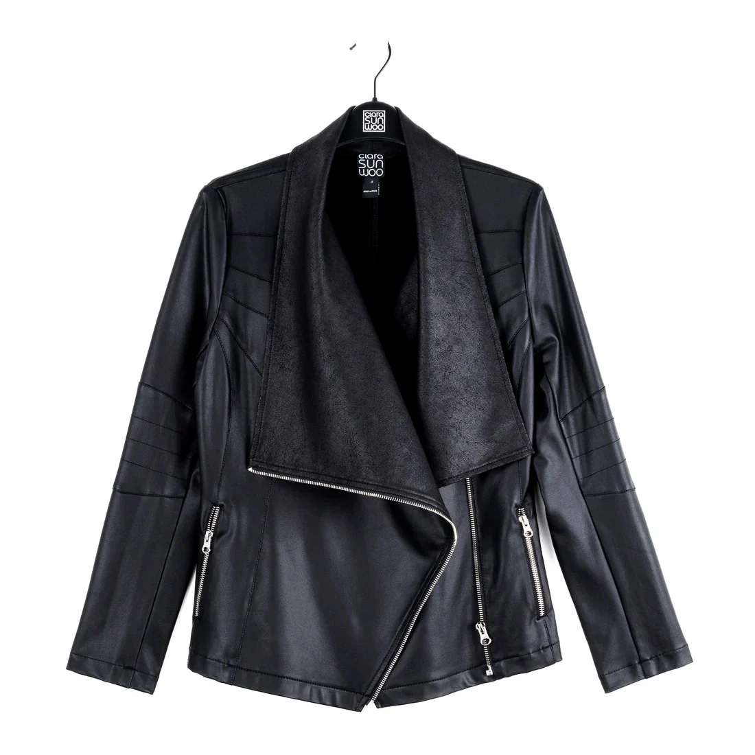 Liquid Leather Drape Neck Zip Jacket - Black - Image 3