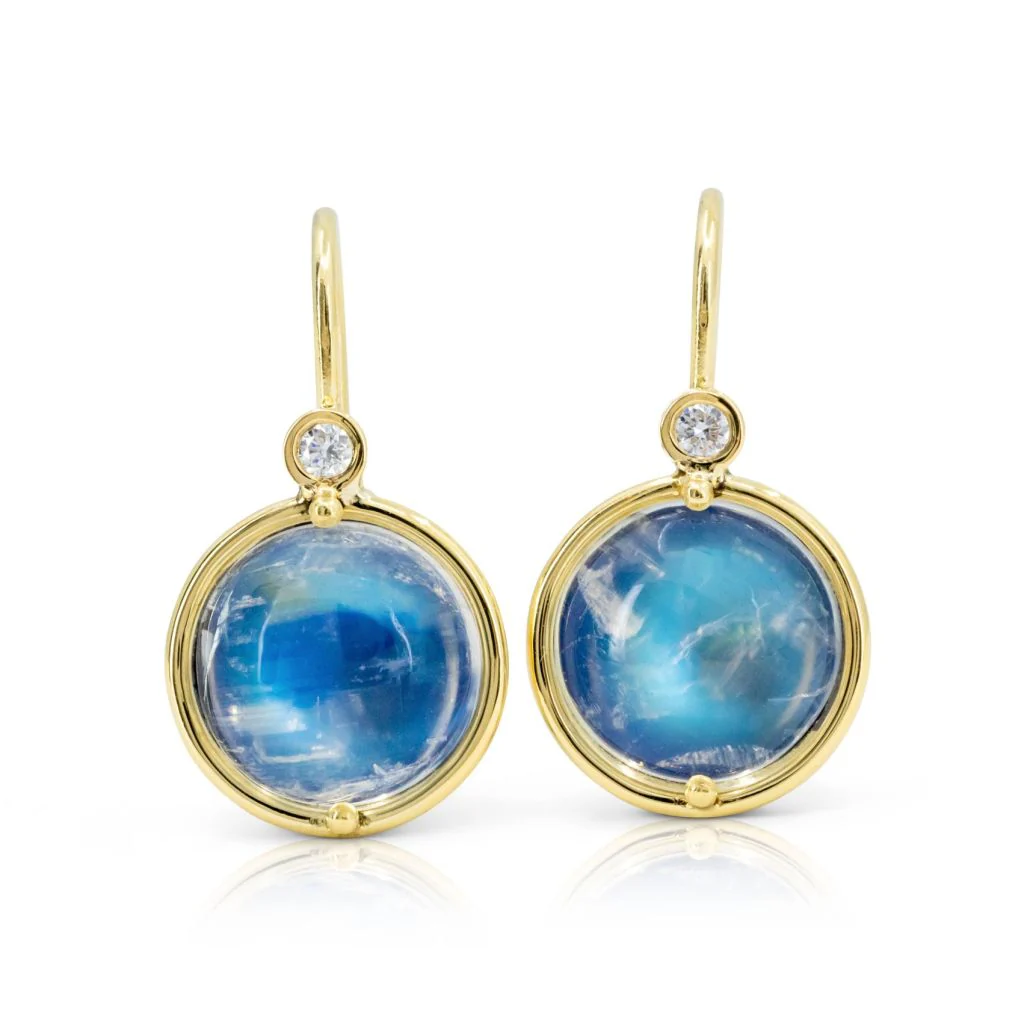 Rainbow Moonstone and Diamond Hanging Earrings