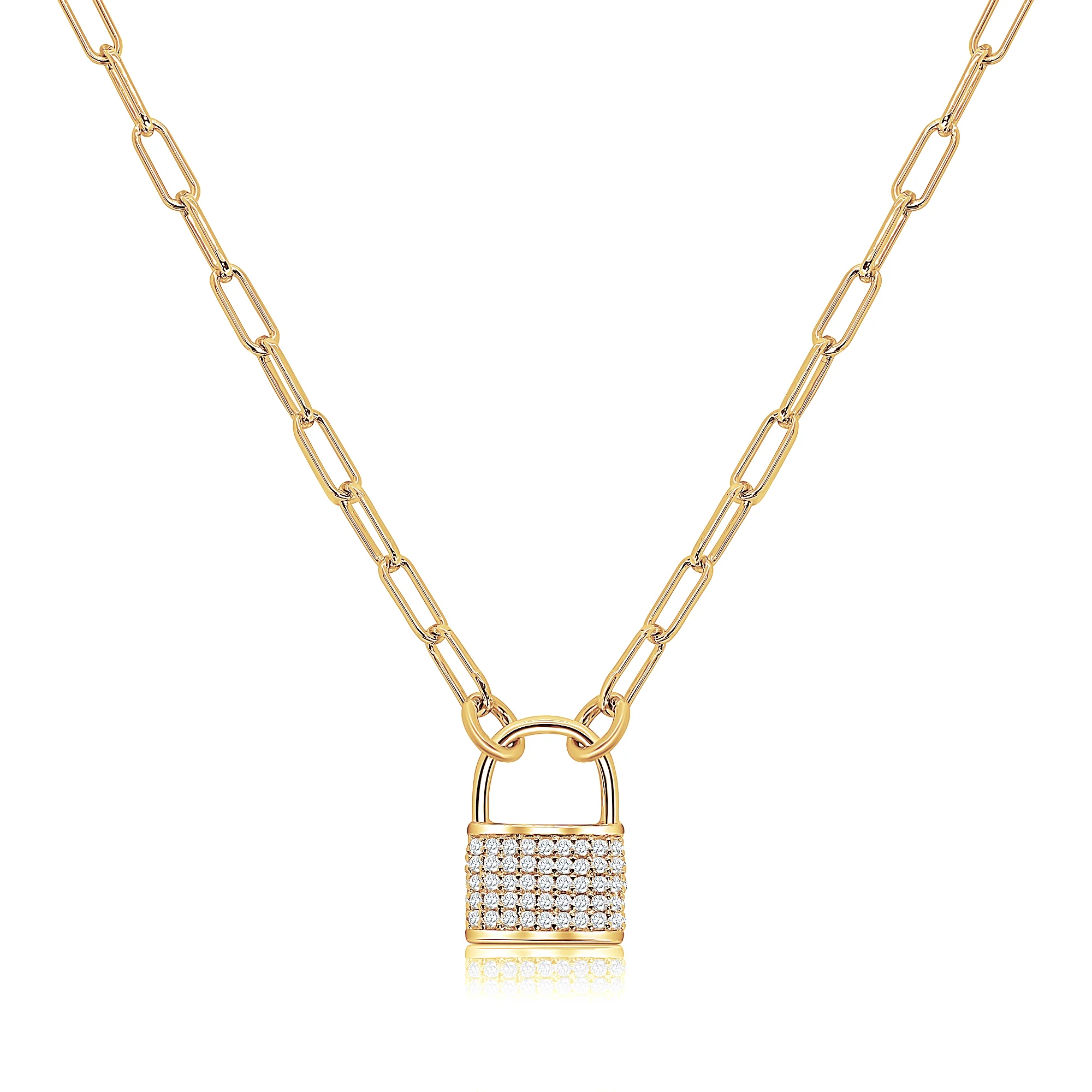 Pave Lock Paperclip Necklace - Gold