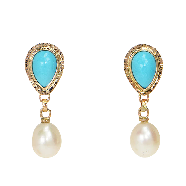 Persian Turquoise and Pearl Drop Cabochon Earrings