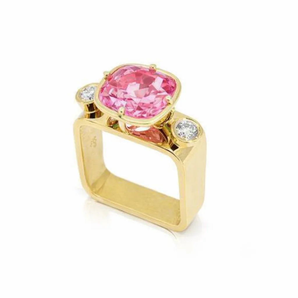Pink Tourmaline and Diamonds Square Ring