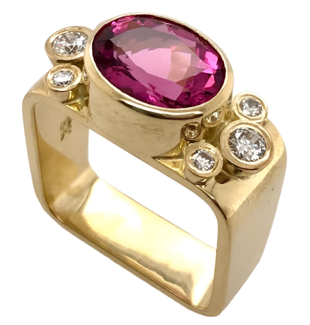 Pink Tourmaline with Diamonds Square Ring - Image 2
