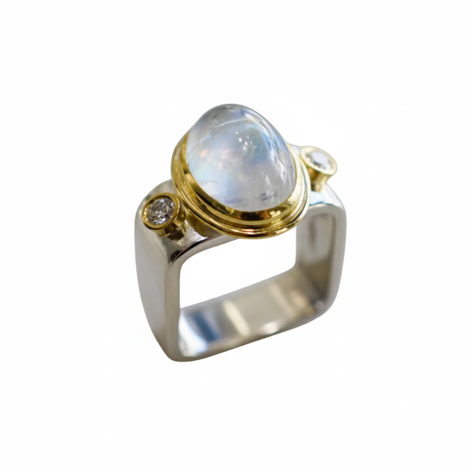 Rainbow Moonstone and Diamond Square Ring - 13x9mm