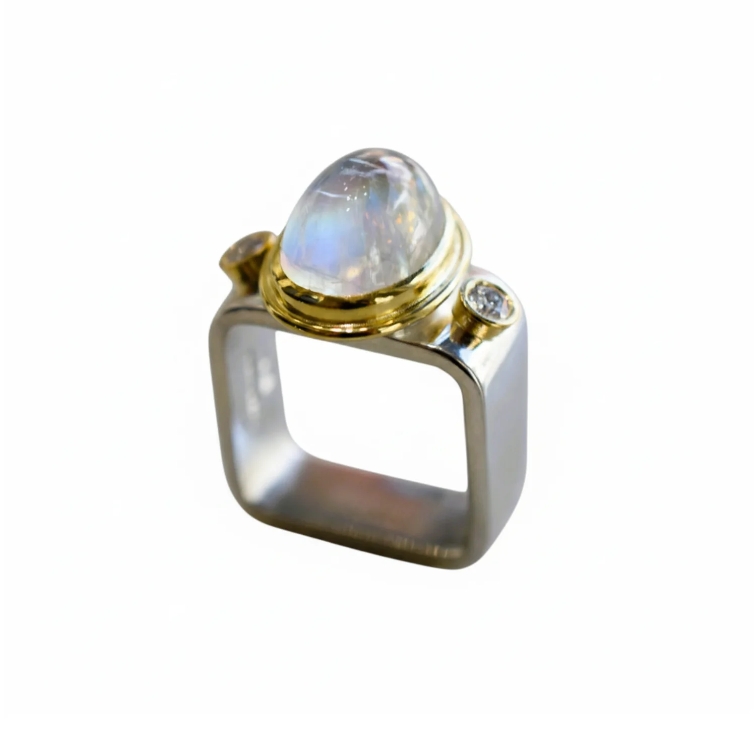 Rainbow Moonstone and Diamond Square Ring - 13x9mm - Image 2