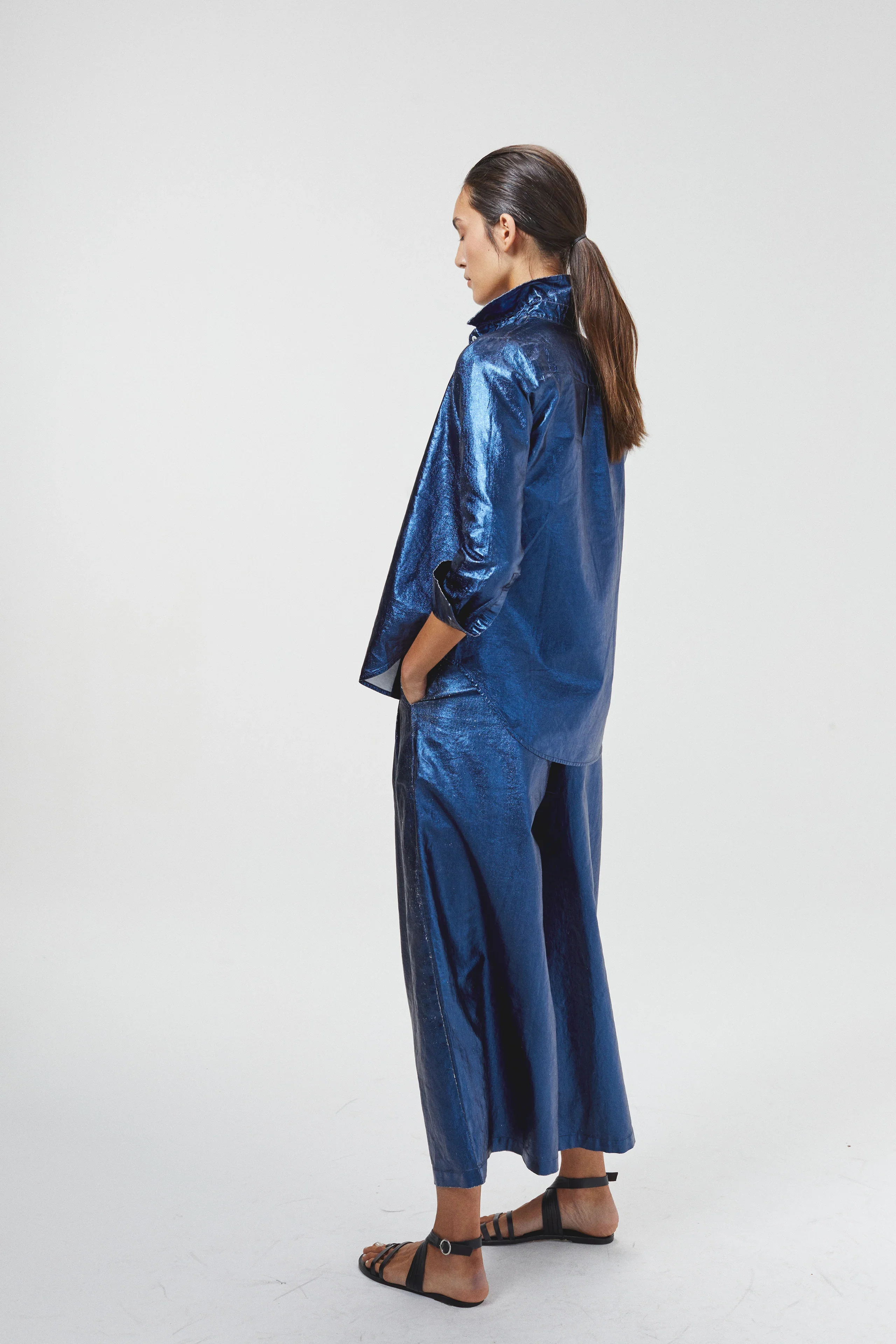 San Marino Metallic Linen Shirt- Dark Blue - Image 3