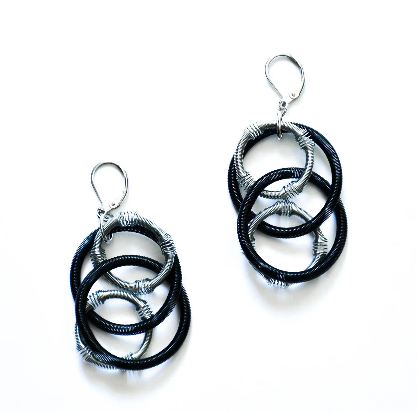 Silver and Black Textured Loop Earrings