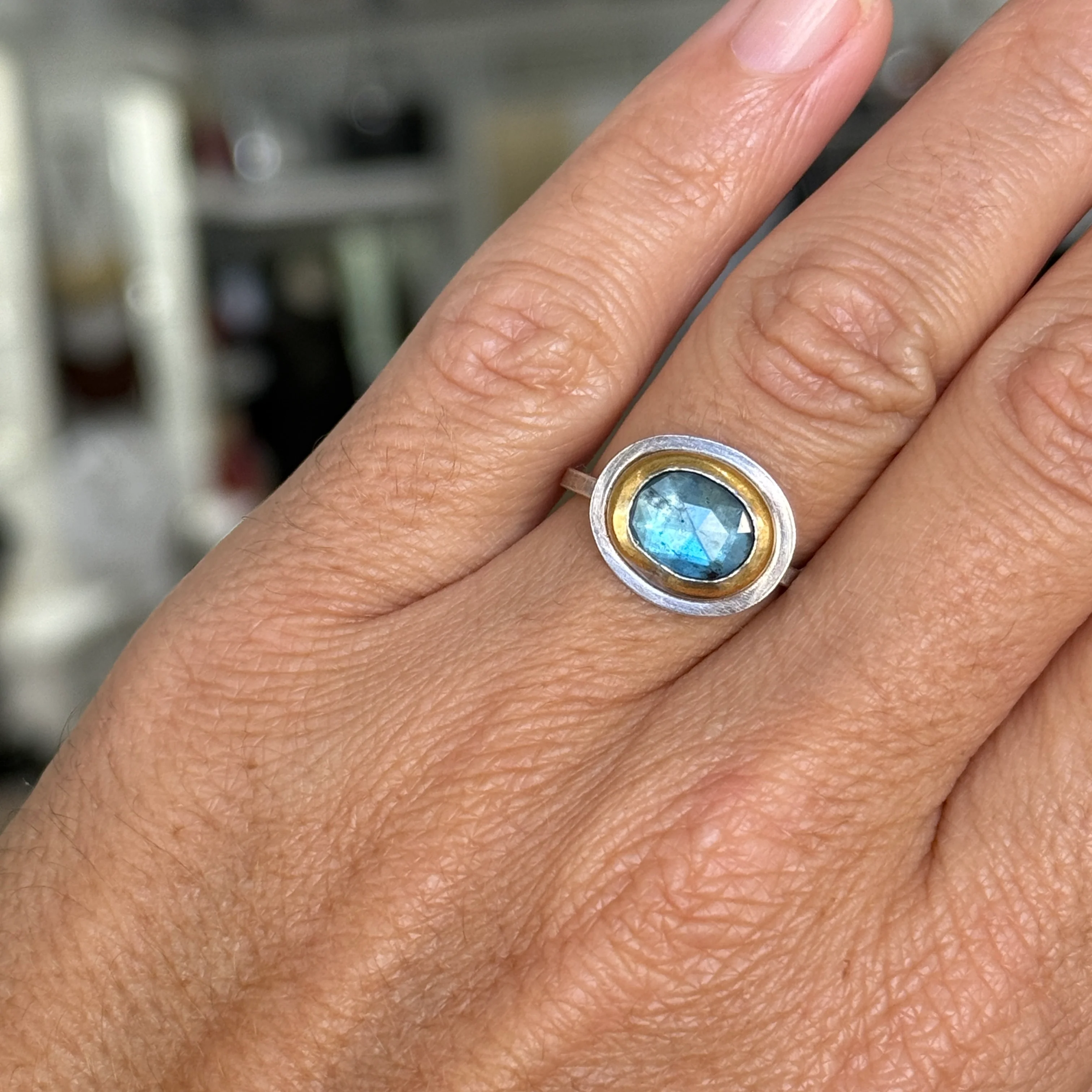 Deep Sky Blue Kyanite Crescent Rim Ring - 8x10 - Image 3