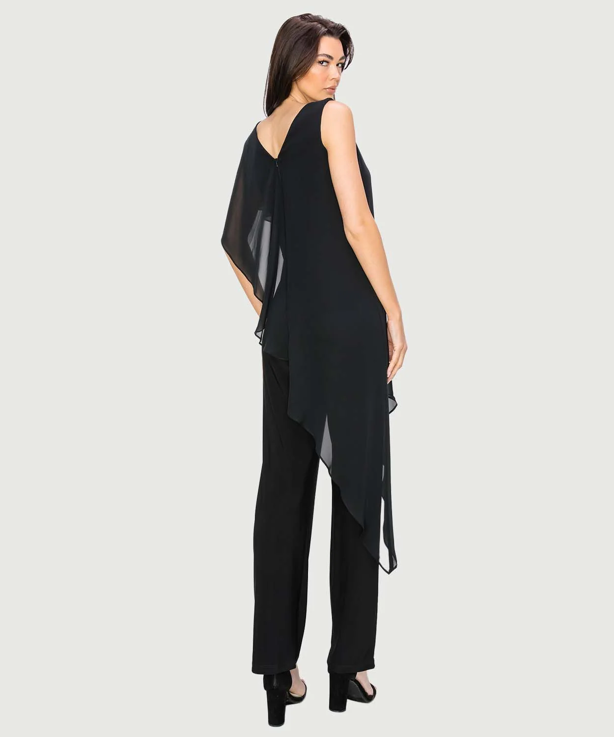 Sleeveless Jumpsuit with Asymmetrical Overlay - Black - Image 3
