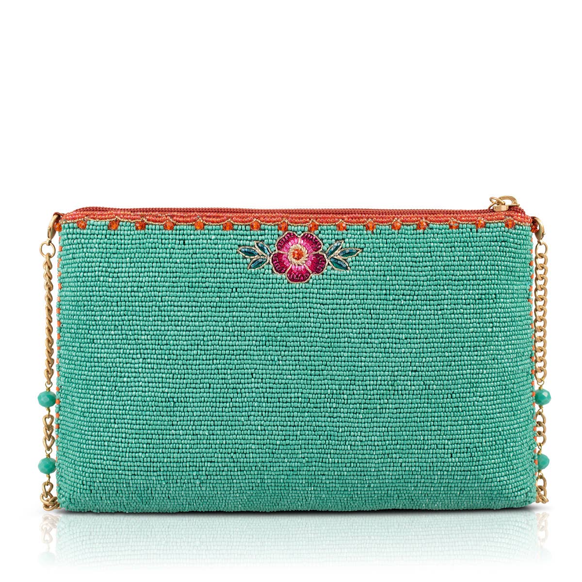 Two In Love Lovebirds and Heart on Turquoise Beaded Handbag - Image 2