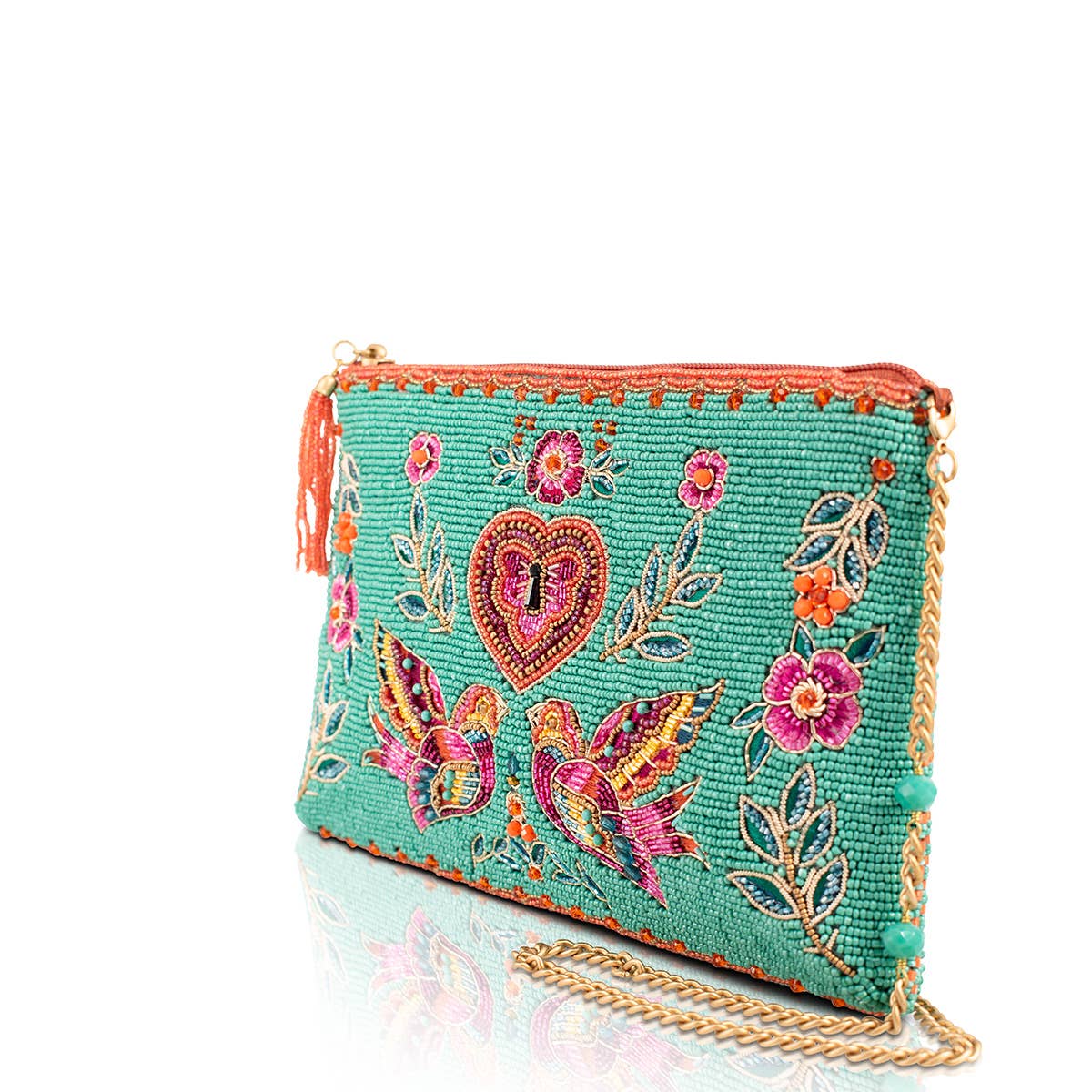 Two In Love Lovebirds and Heart on Turquoise Beaded Handbag - Image 3