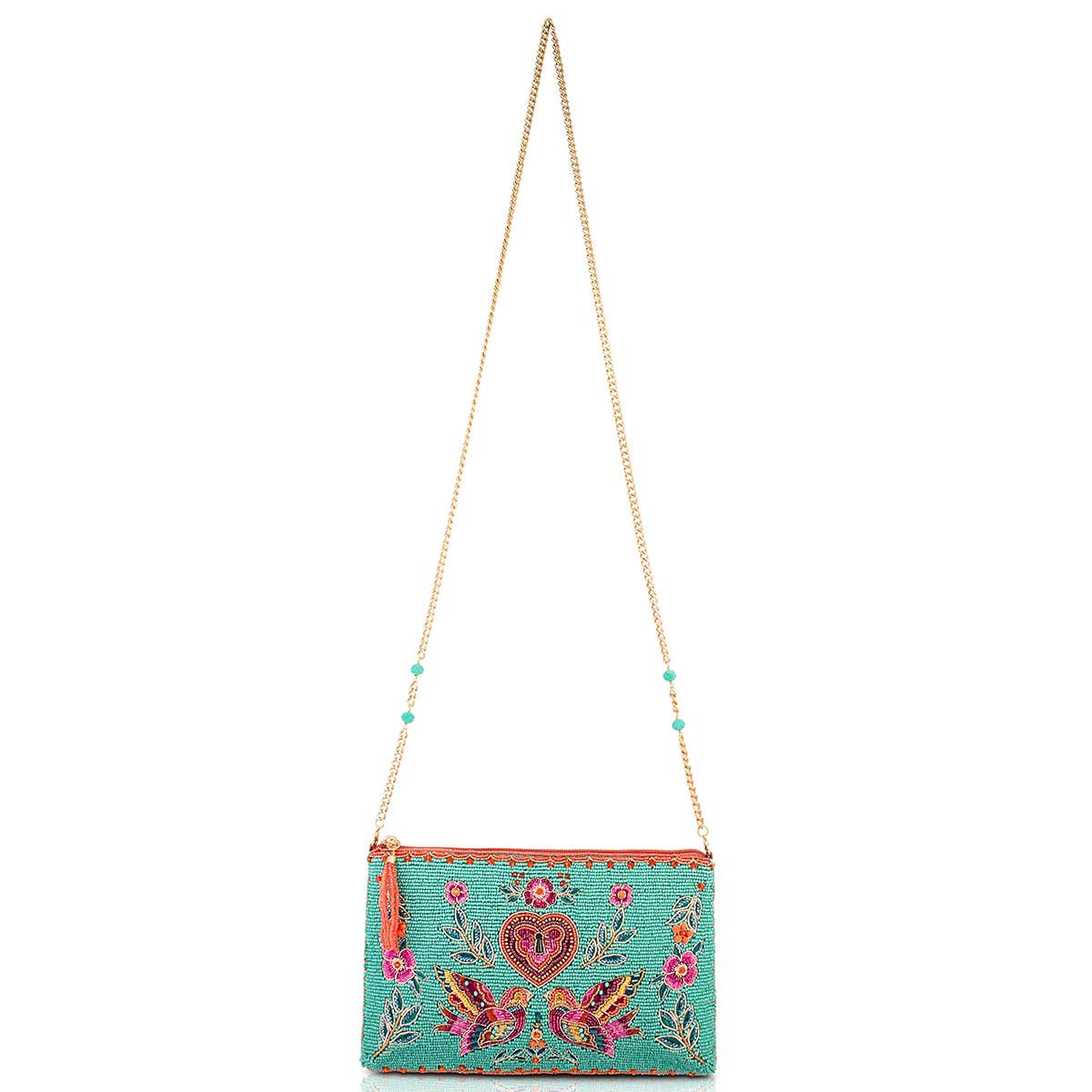 Two In Love Lovebirds and Heart on Turquoise Beaded Handbag - Image 5