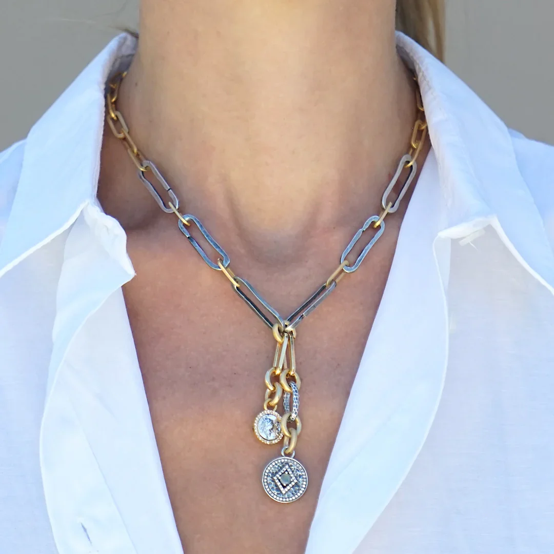 Two Tone Thin Rico Paperclip Charm Necklace - Image 2