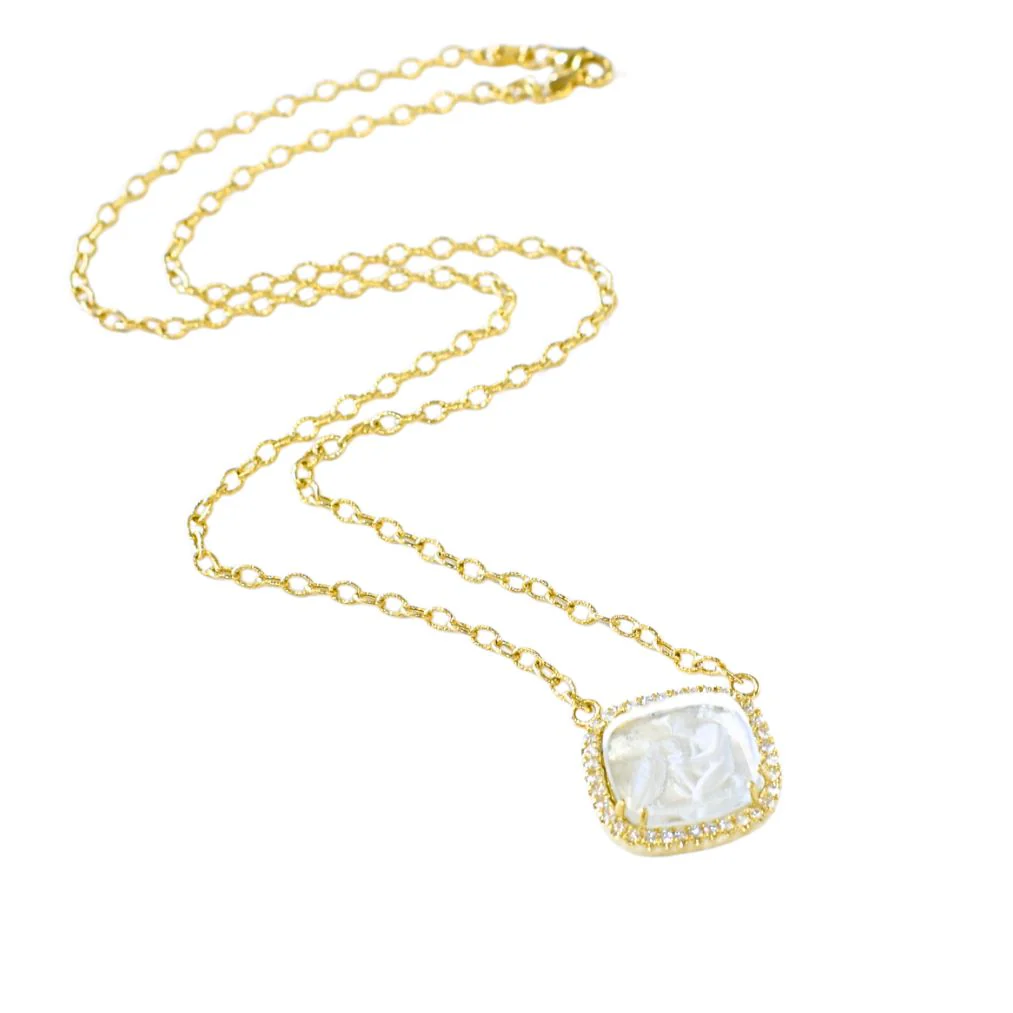 Venetian Glass with Diamond Halo Necklace - White - Image 3