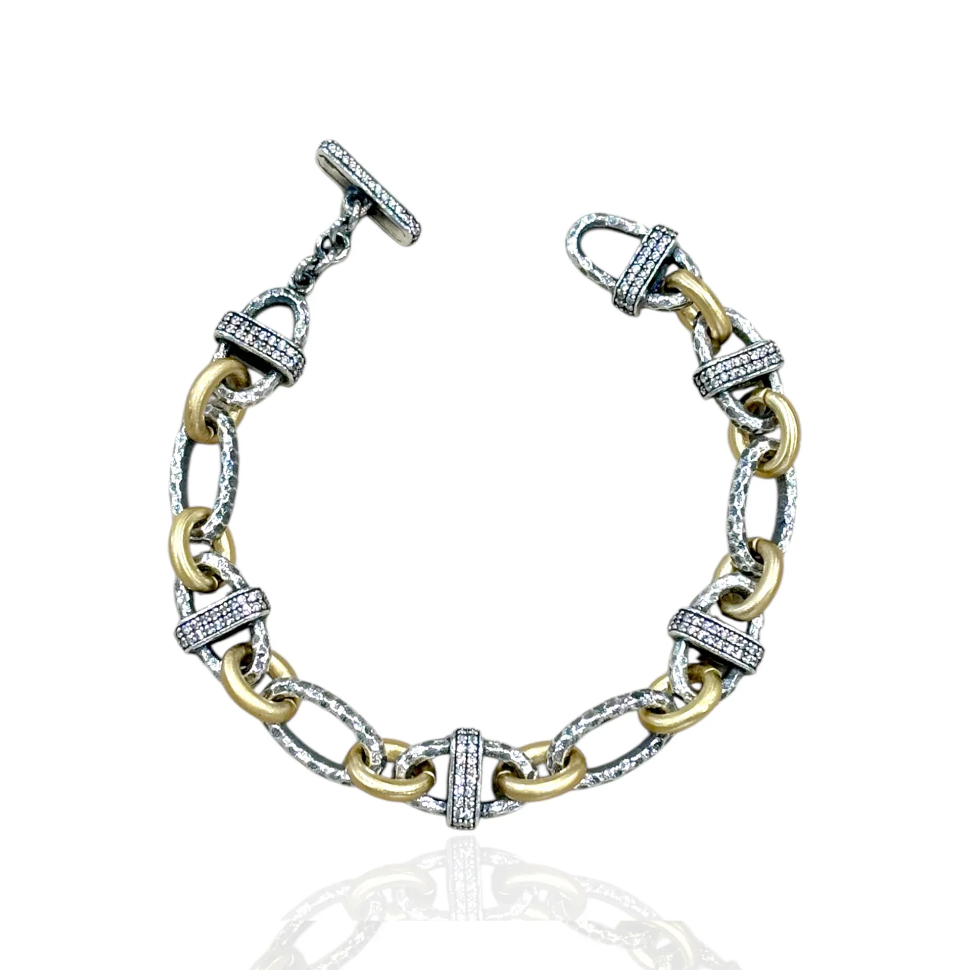 Vintage Silver Two-Tone Pave Ravelle Thin Hammered Chain Bracelet